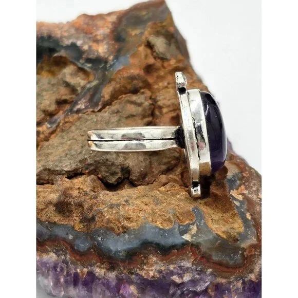 925 Sterling Silver Plt Oval Cabochon Amethyst Ring Sz 6 Bezel Southwest Jewelry - Picture 5 of 6